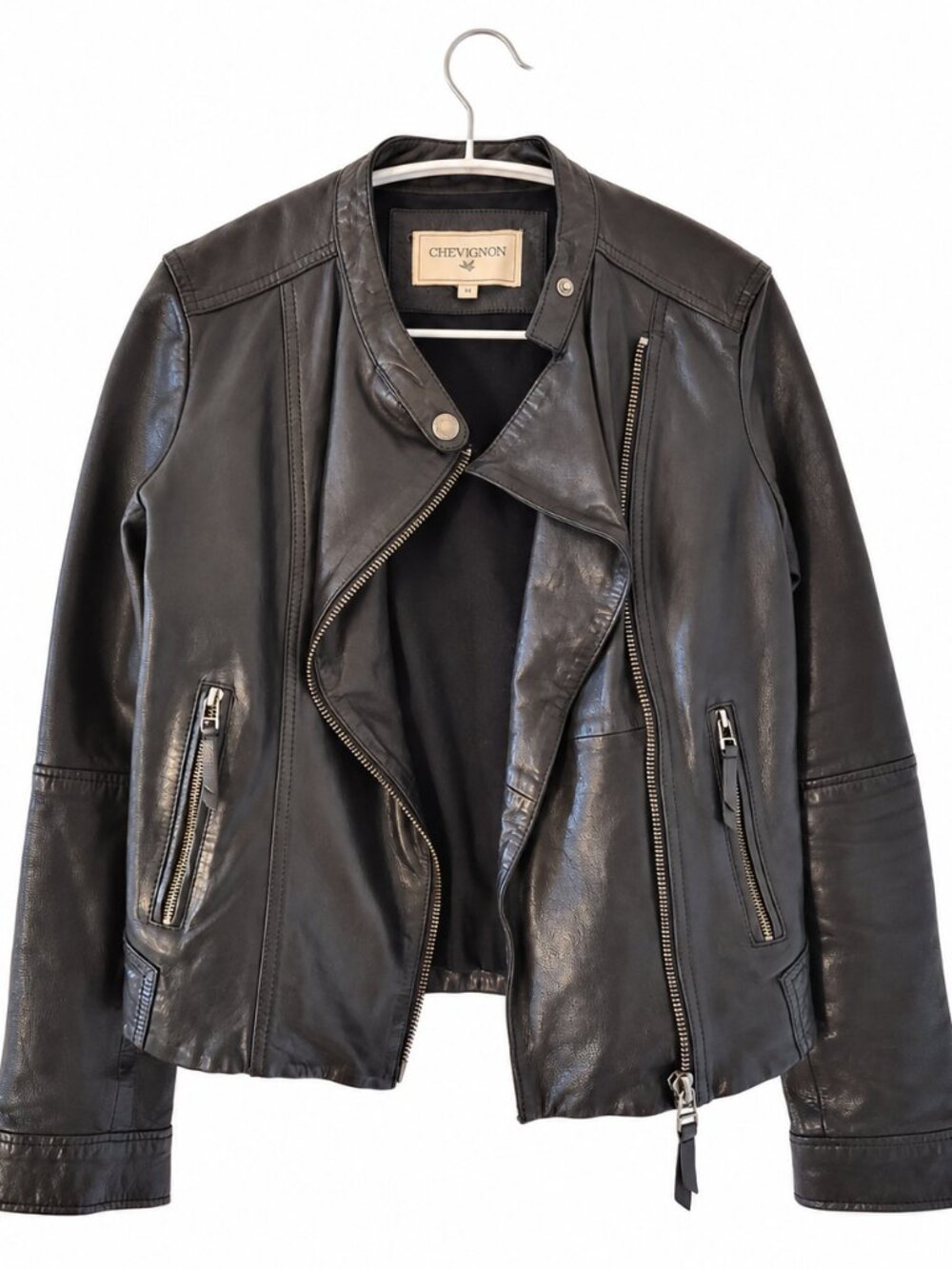 Chevignon Colombia Black Leather Moto Biker Jacket M Fits S–M